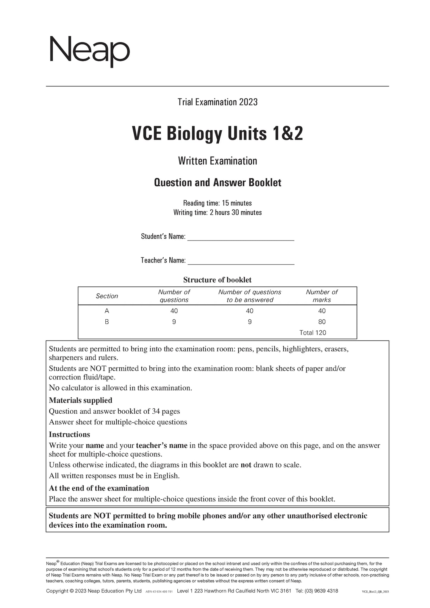 Neap Practice Exam Pack: VCE Biology Units 1&2 (3 Exams)