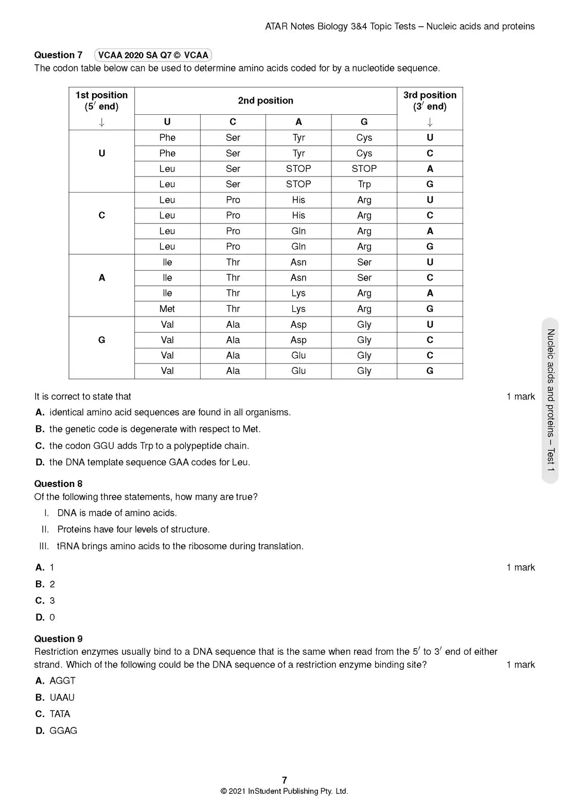 Atar Notes VCE Biology Units 3&4 Topic Test