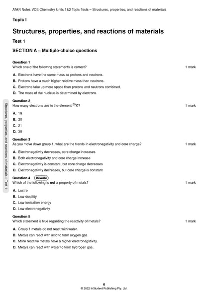 Atar Notes VCE Chemistry Units 1&2 Topic Test