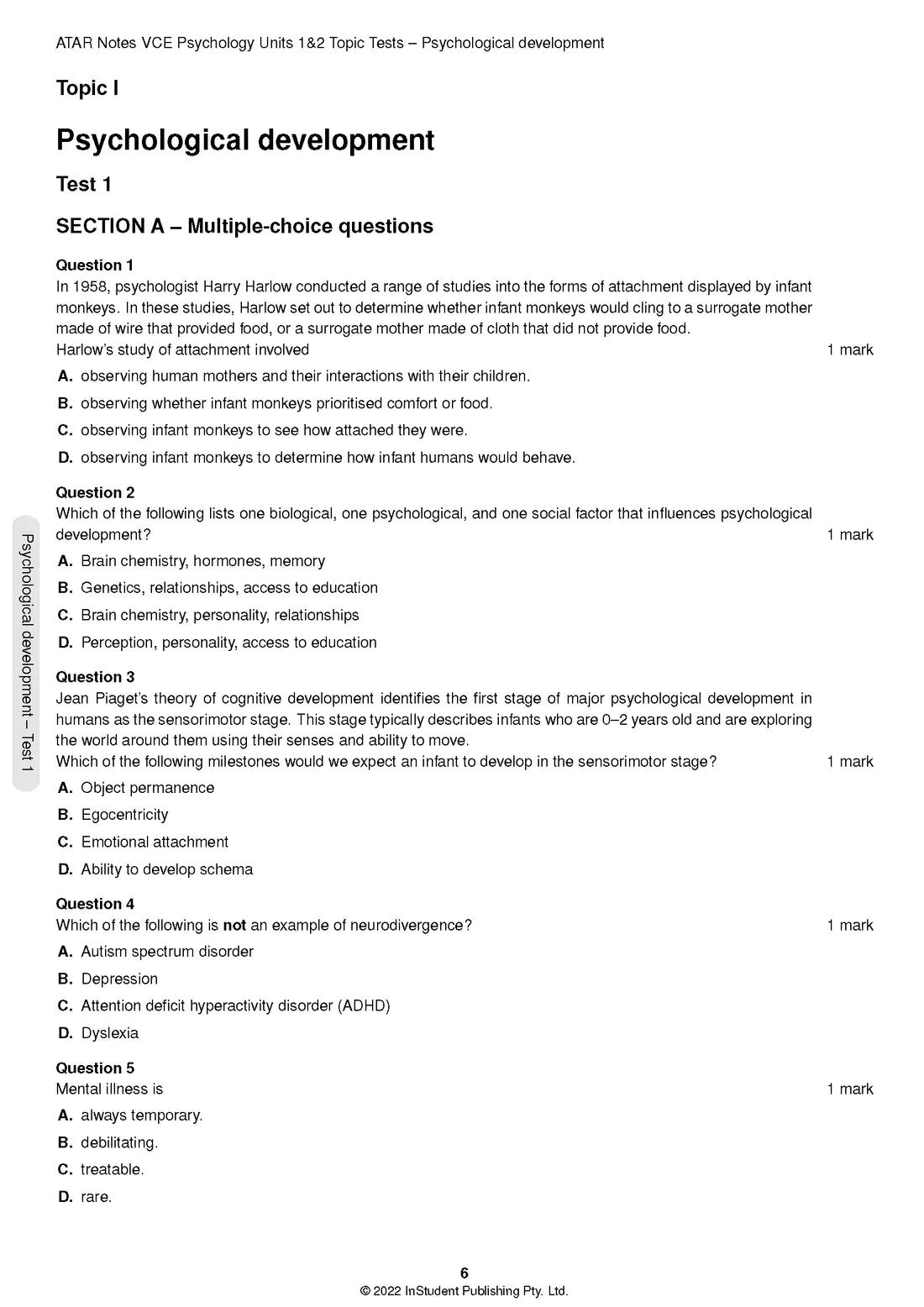 ATAR Notes VCE Psychology 1&2 Topic Tests