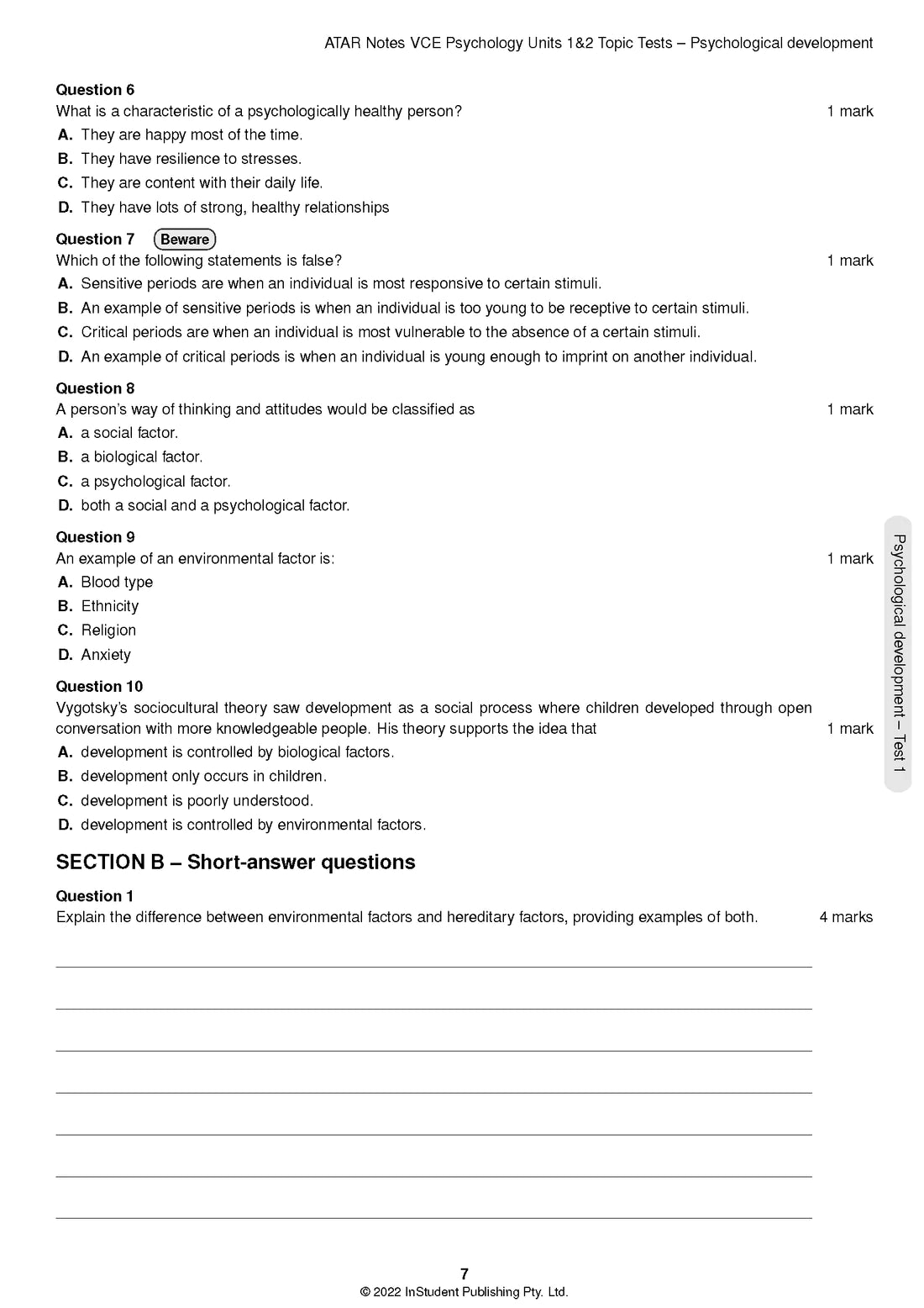 ATAR Notes VCE Psychology 1&2 Topic Tests
