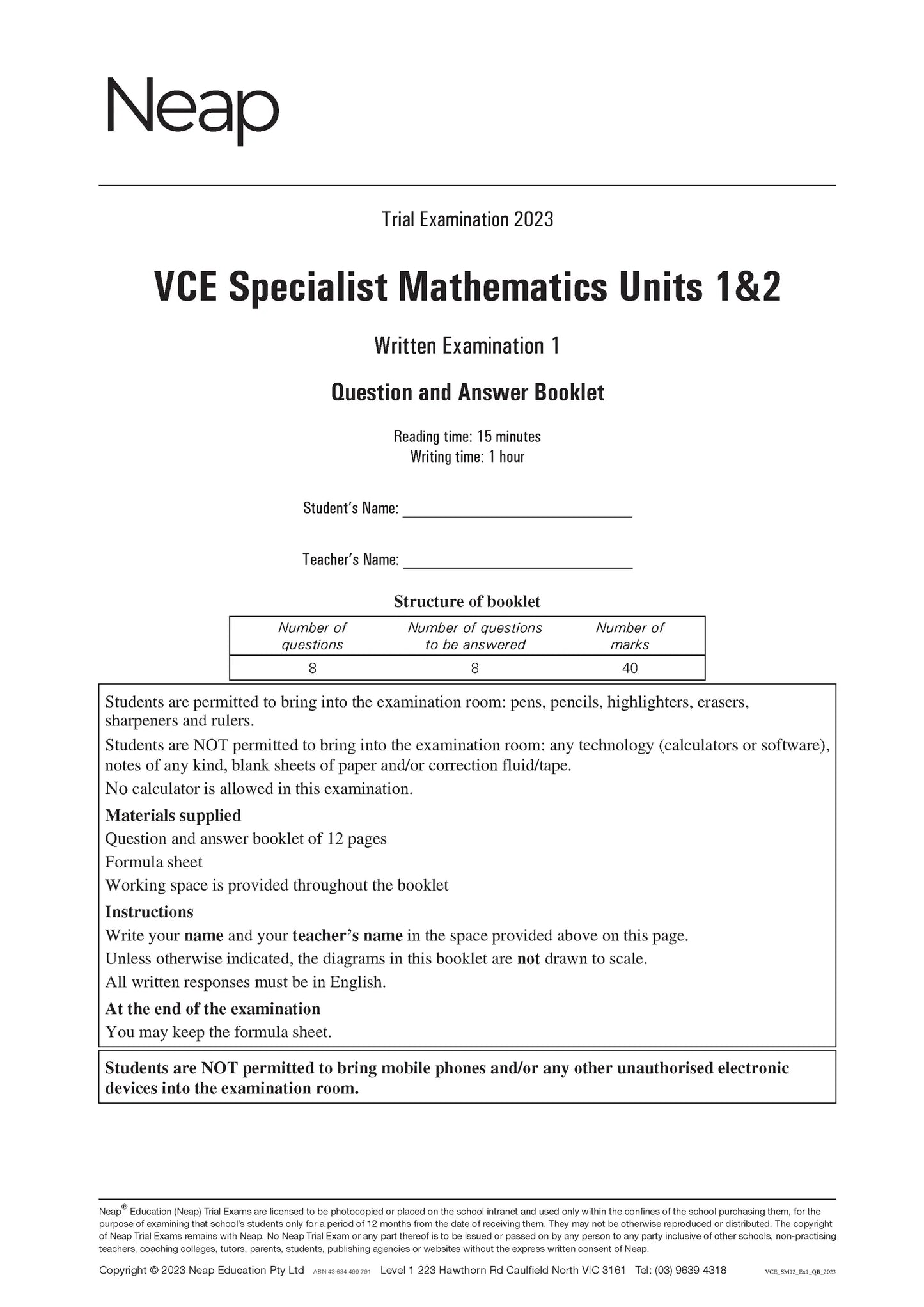 Neap Practice Exam Pack: VCE Specialist Mathematics Units 1&2 (2 Exams)