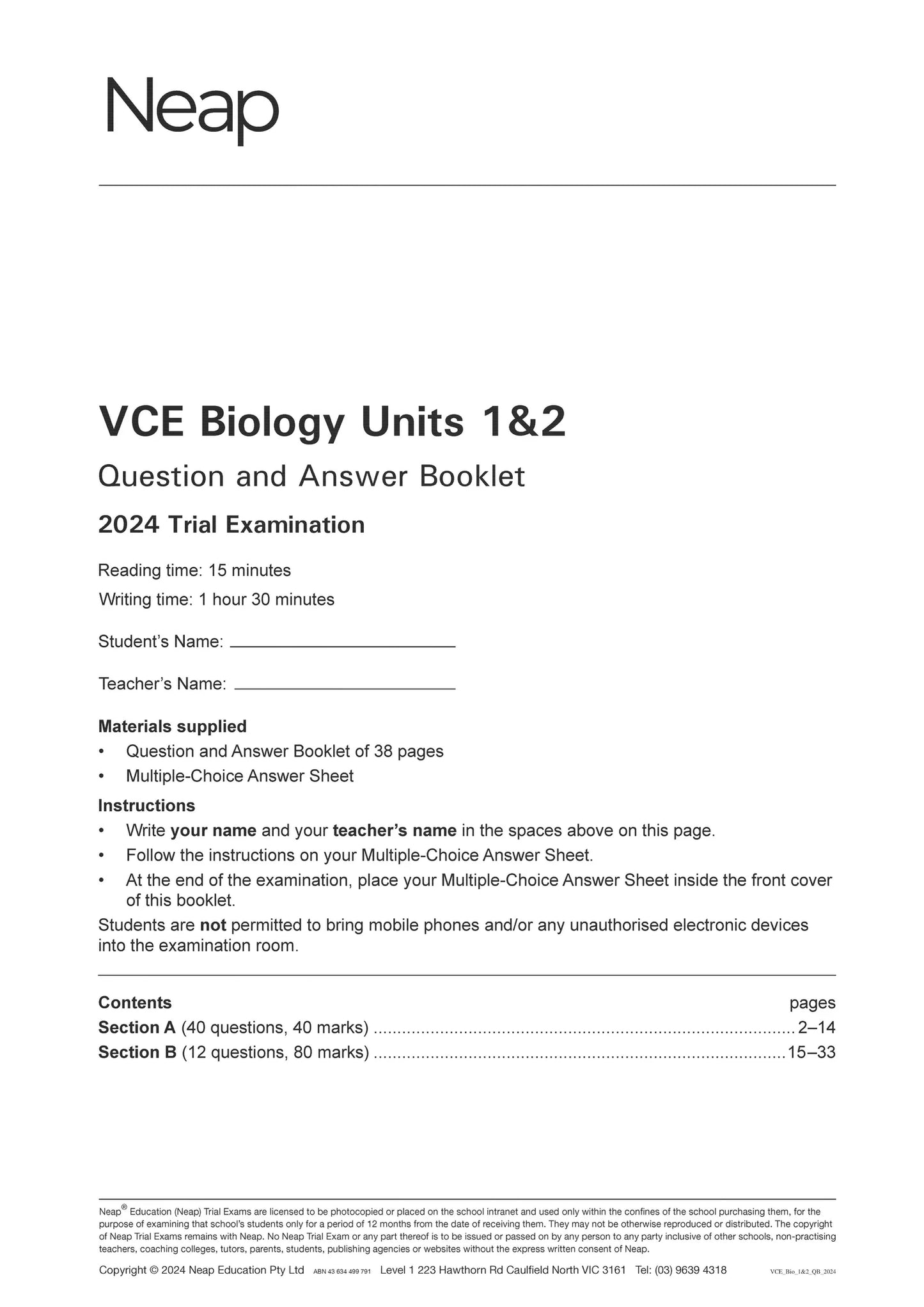 Neap Practice Exam Pack: VCE Biology Units 1&2 (3 Exams)