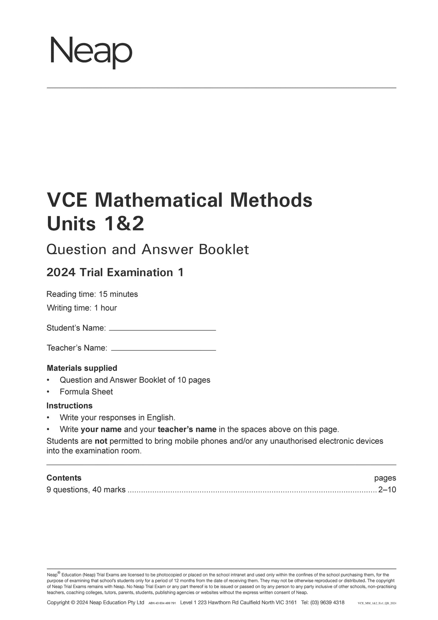 Neap Practice Exam Pack: VCE Mathematical Methods Units 1&2 (2 Exams)
