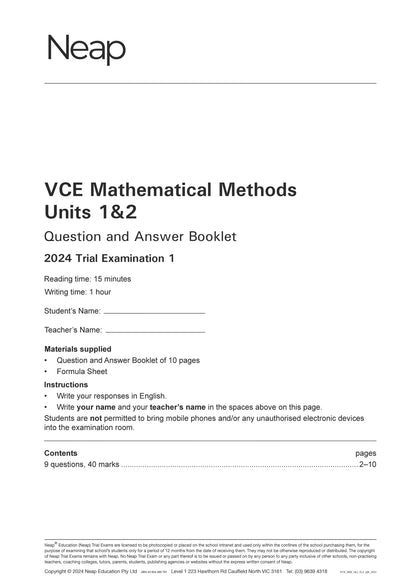Neap Practice Exam Pack: VCE Mathematical Methods Units 1&2 (2 Exams)