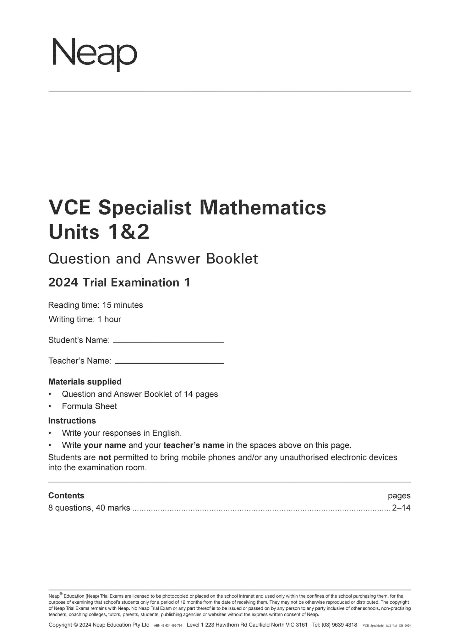 Neap Practice Exam Pack: VCE Specialist Mathematics Units 1&2 (2 Exams)